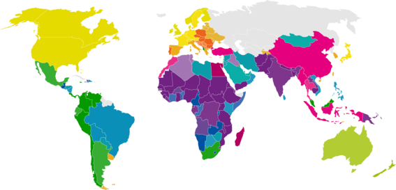 Maailmankartan valtiot on värikoodattu niiden taloudellisen tilanteen mukaan. Esimerkiksi Pohjois-Amerikka ja Pohjois-Eurooppa näkyvät keltaisina, mutta Afrikan valtiot violetin sävyisinä.