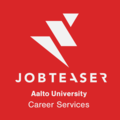 Punaisella taustalla JobTeaserin logo ja teksti Aalto University Career Services