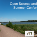 Otaniemi seafront pictured in the summer with the Aalto logo and event title, and VTT and Open Science logos overlayed.