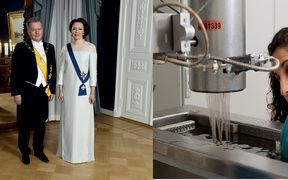 Jenni Haukio,spouse of Finnish President,Sauli Niinistö, wearing an Aalto University-created evening gownmade with birch-based Ioncell fibre from Finland’s plentiful forests(on the left), Resaerch work_Puu19
