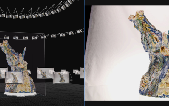 Unicorn 3D model generated by Reality Capture on the left; Each rectangular box shows a photograph captured from a different angle. A sample photograph taken from the same viewpoint as the 3d model is shown on the right.