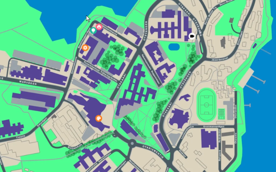 Map of Aalto campus with buildings and selected points of interest listed in the site above.