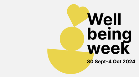 kuva wellbeing weekin logosta jossa päiväys ja keltaisia muotoja