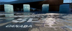 Nine large blocks of ice formed an art installation at Kansalaistori square in Helsinki 2021  