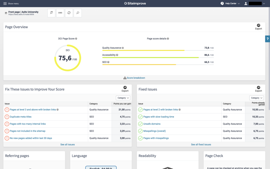 Siteimprove page overview