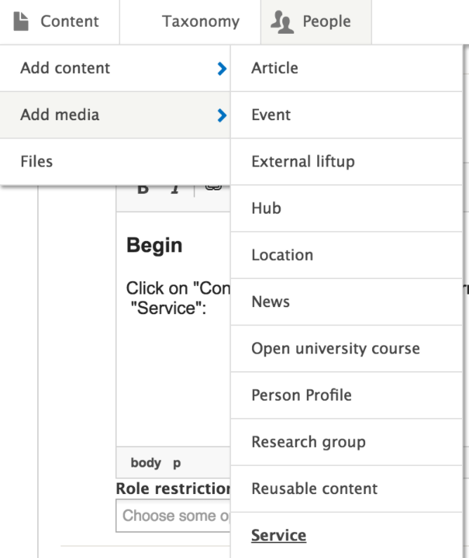 Screen shot from Drupal on how to add new service article.