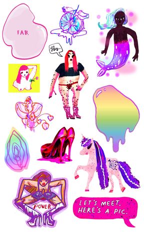 a colorful drawing depicting a fruit, a Black mermaid, a hairy person in underwear and boots, an orchid, a rainbow-colored blob, high heels, a person with a flower growing from their armpit, a unicorn, a person with long hair squatting in boots and text "power" reading in between their legs, a quote saying "let's meet. here's a pic"