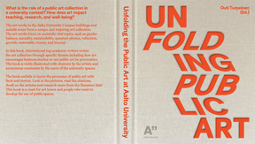 Front and back covers of book called Unfolding Public Art. Text in red, book covers in sand colour. 