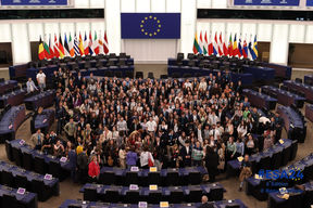 Students at the European Parliament building in Strasbourg participating in the European Student Assembly. 