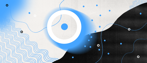 Abstract graphic in blue, white, black with various circular and wavy shapes