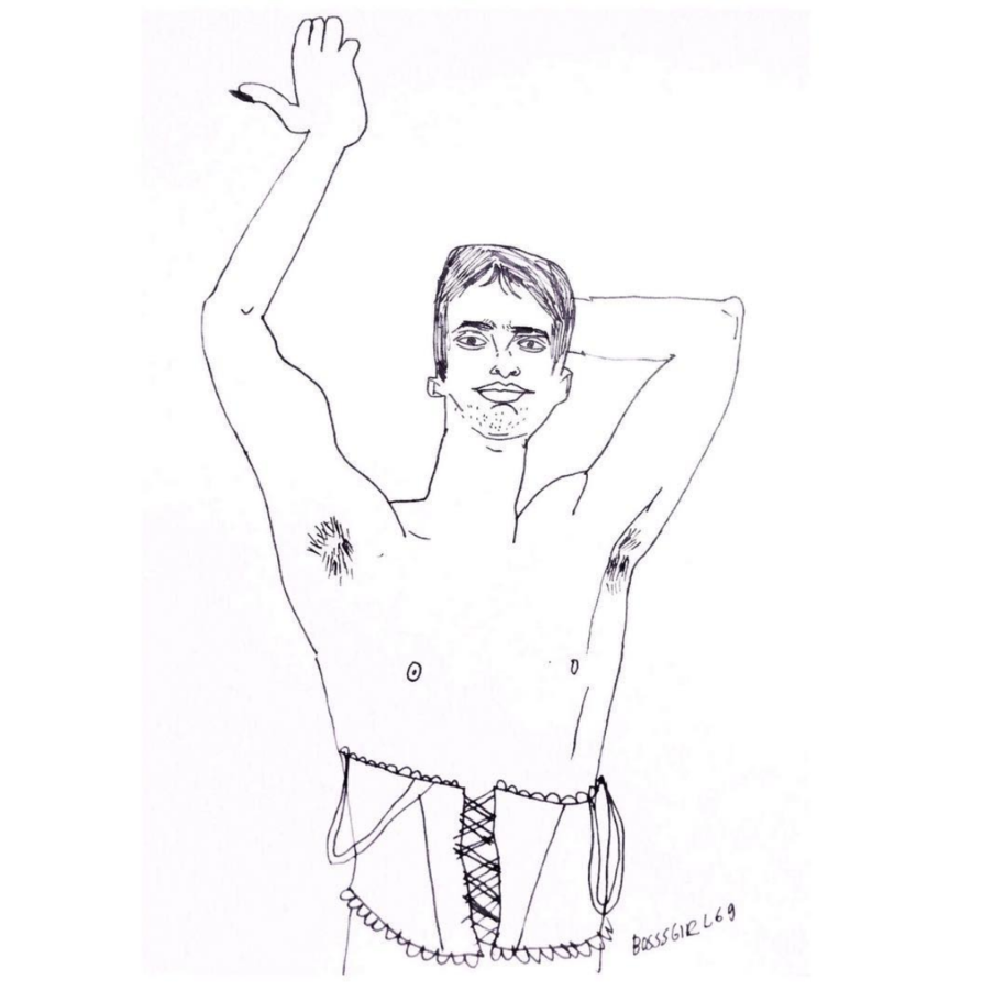 Piirros miesoletetusta henkilöstä, joka poseeraa ilman paitaa, korsetissa toinen käsi ylhäällä ja toinen pään takana.