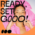 Sustainability Action Booster pink and orange brand image with a slogan "READY, SET, GO!". Behind the text, a girl with a pink d