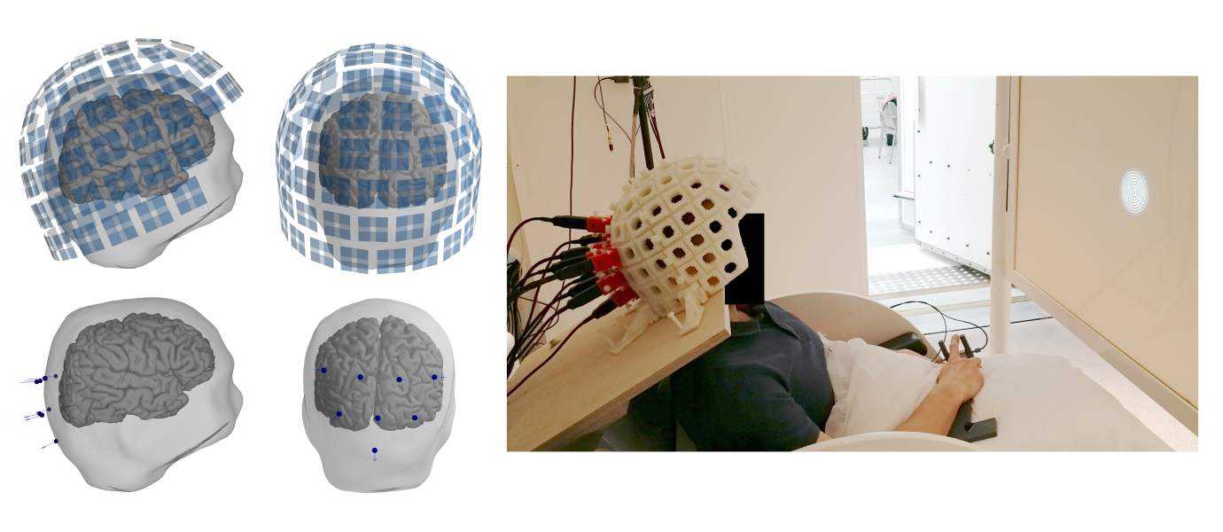 Left: OPM and SQUID sensor layouts. Right: OPM-MEG measurement session.