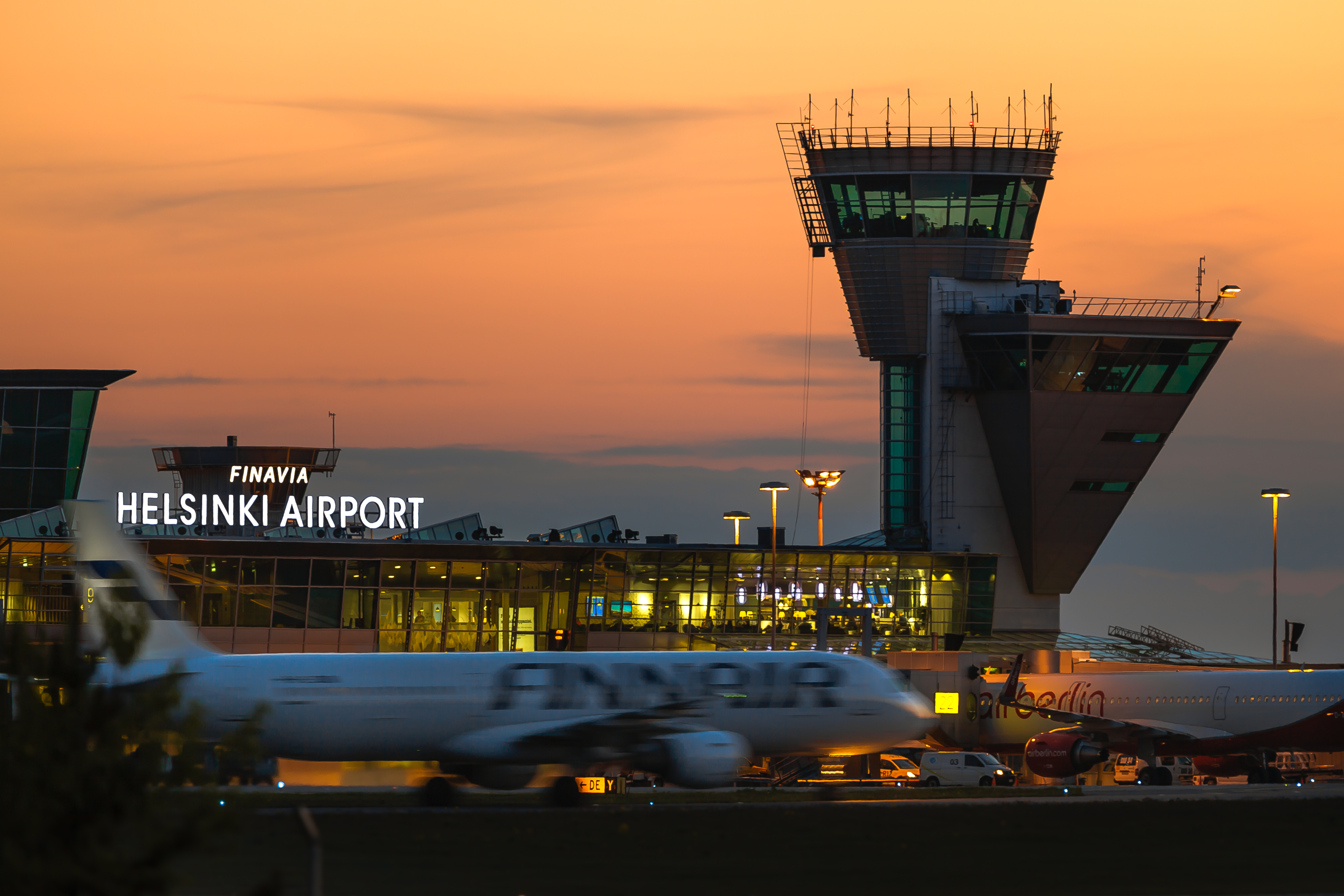 Helsinki Airport and the traffic control tower at night. Photo: Finavia Image bank