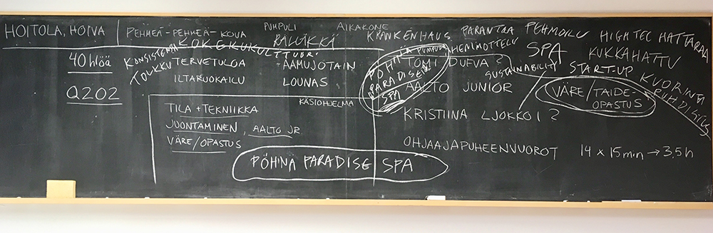 liitutaulu, jossa koottuja ideoita kuvataideopetuksen didaktiikka kurssin ohjaavien opettajien seminaariin.