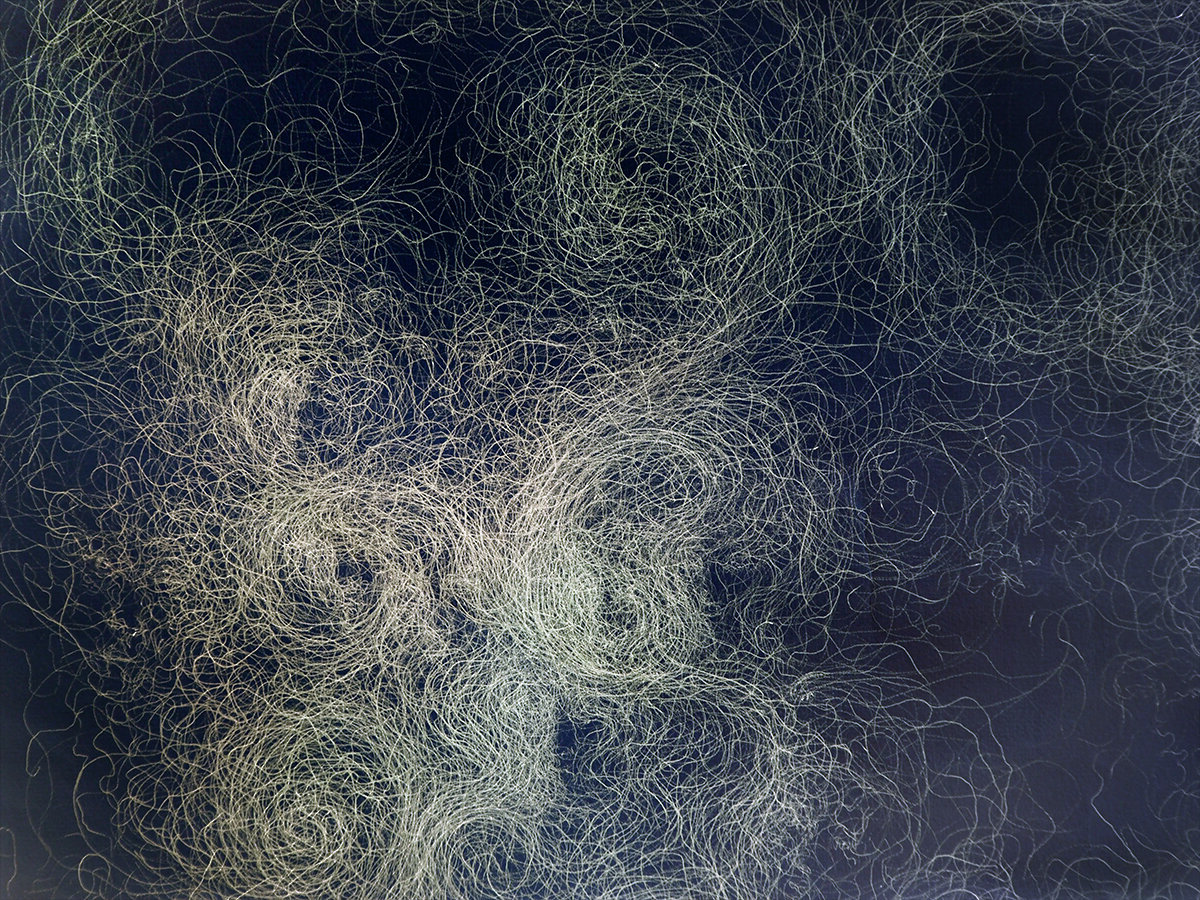 An image of fine lines drawn by the artist Mira Caselius. The lines are light on a dark background, some are concentrated, others are spread sparsely.
