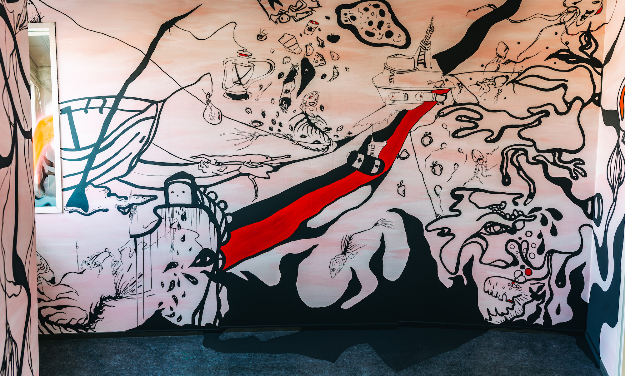 Painting by Saara Mahbouba. Black lines meander in fragmented forms across a pastel pink wash