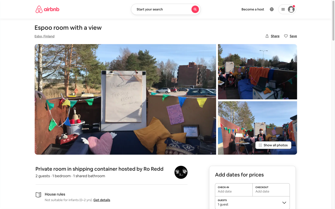 Ro Redd (Jung-Wei CHANG). Image of Espoo-based shipping container on Airbnb