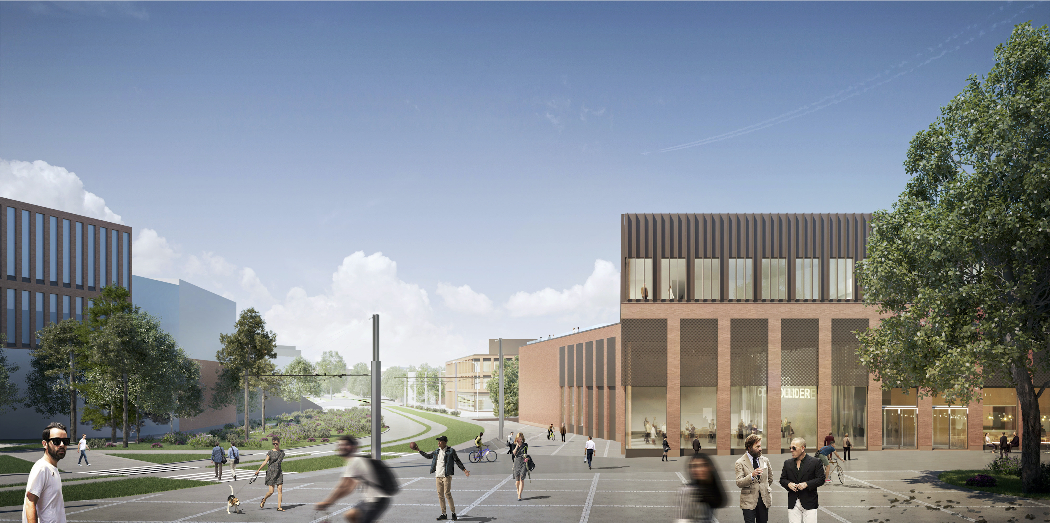 Illustration image depicting what Otakaari 2 could look like, people walking and cycling near Otakaari and Maarintie, man with sunglasses looks to the viewer, its sunny and there's an event in the corner of the building