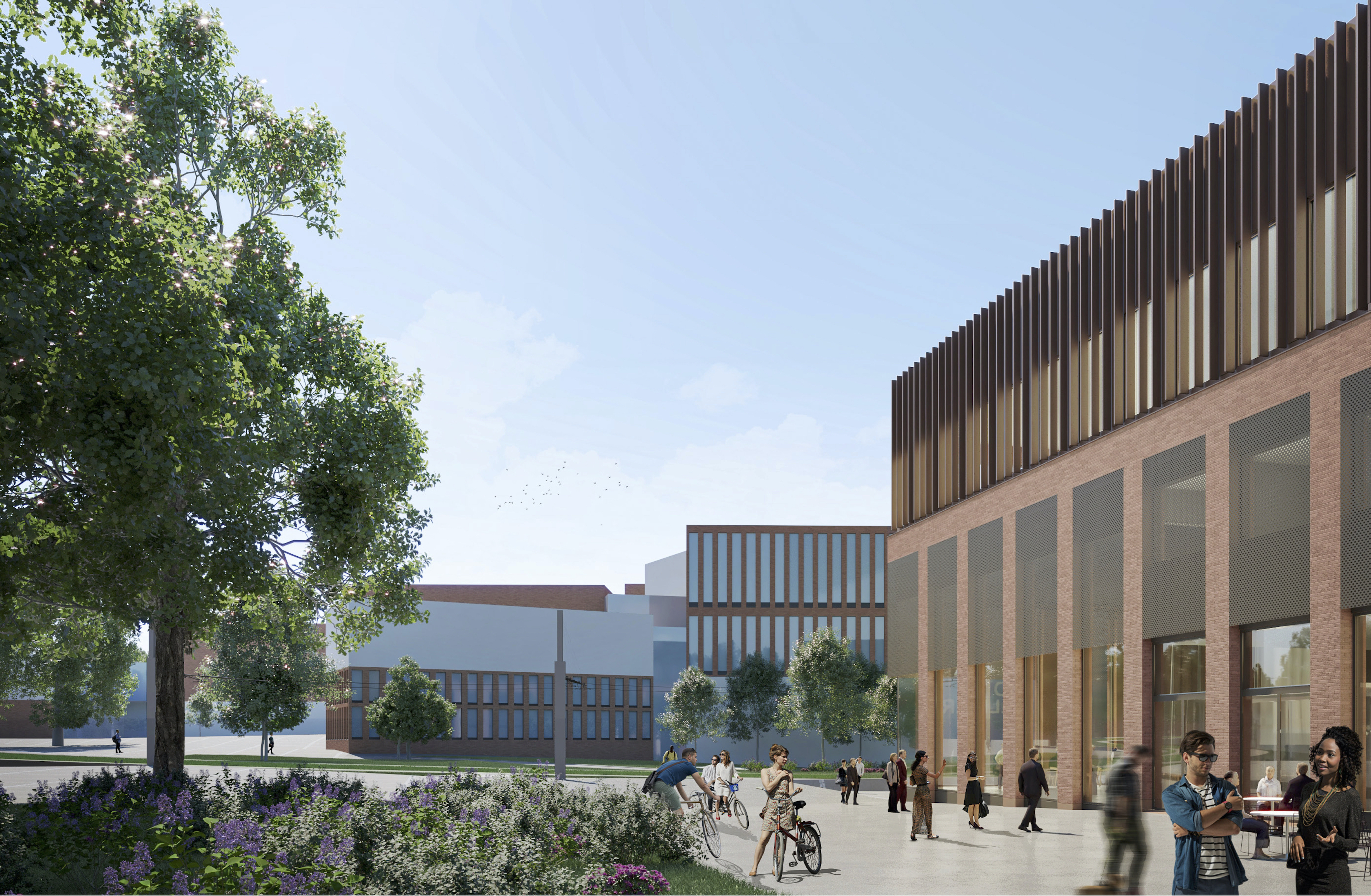 Illustration image of a spring or summer view from Otakaari towards Väre, Otakaari 2B on the right side of the image, sun is shining, there are flowers in bloom on the left of the image. Lots of people walking, cycling and interacting near the building.