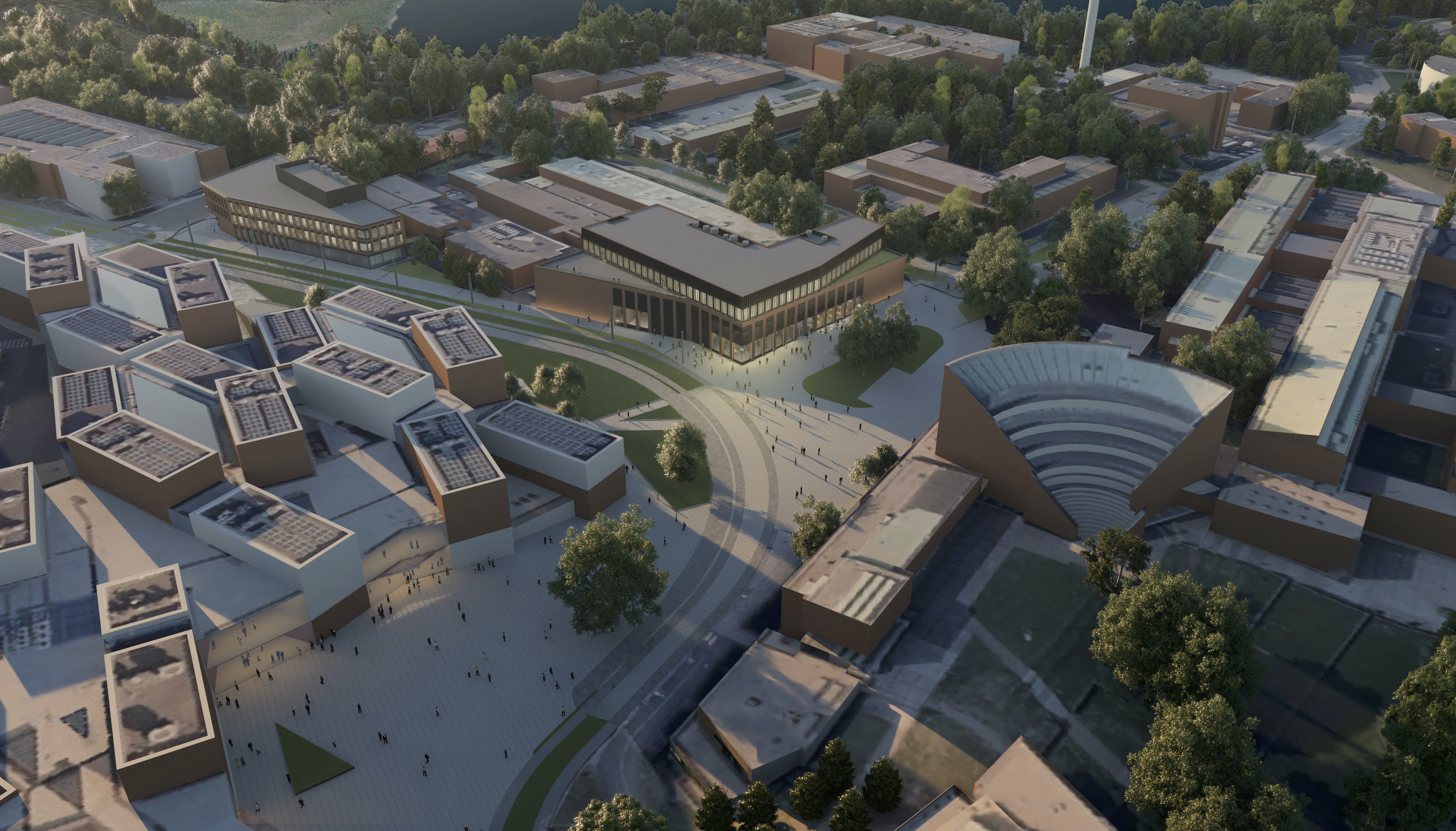 Illustration image of an aerial view over Otaniemi campus at dusk, depicting Väre, School of Business, parts of the Undergraduate Centre, Otakaari 2A and Otakaari 2B.