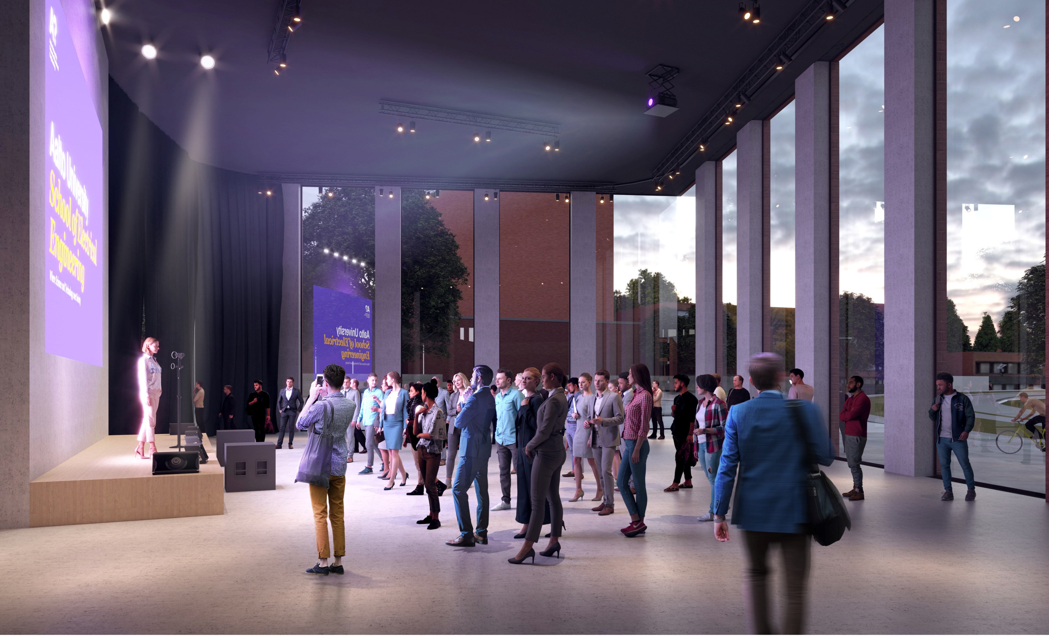 Illustration image of Otakaari 2A event lobby with a speaker in limelight on the stage on the left and a crowd with a photographer looking at the speaker