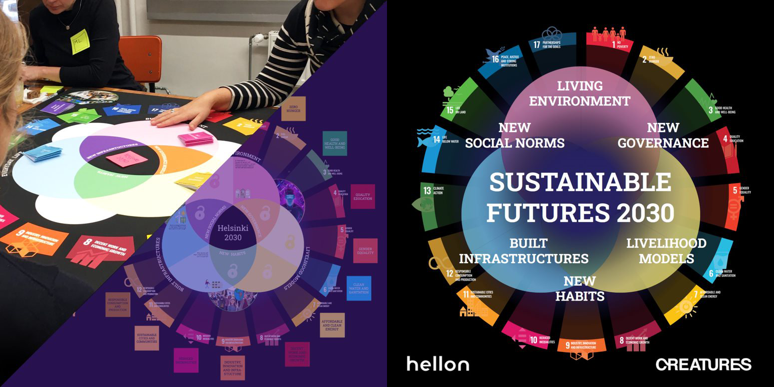 Composite image of photo of people playing a board game and rainbow coloured shapes on black background with Hellon and CreaTures text