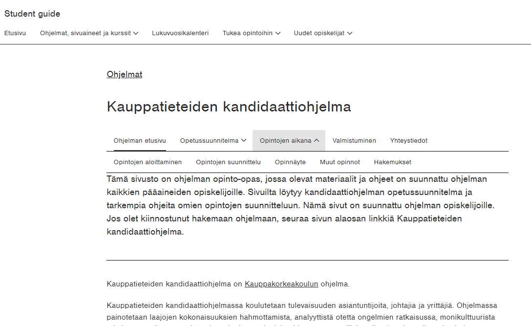 Opiskelijan oppaan ohjelmasivun navigaatio
