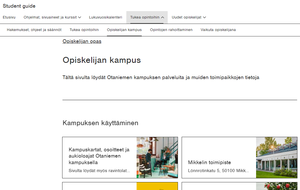 Opiskelijan opas, opiskelijan kampus -välilehti