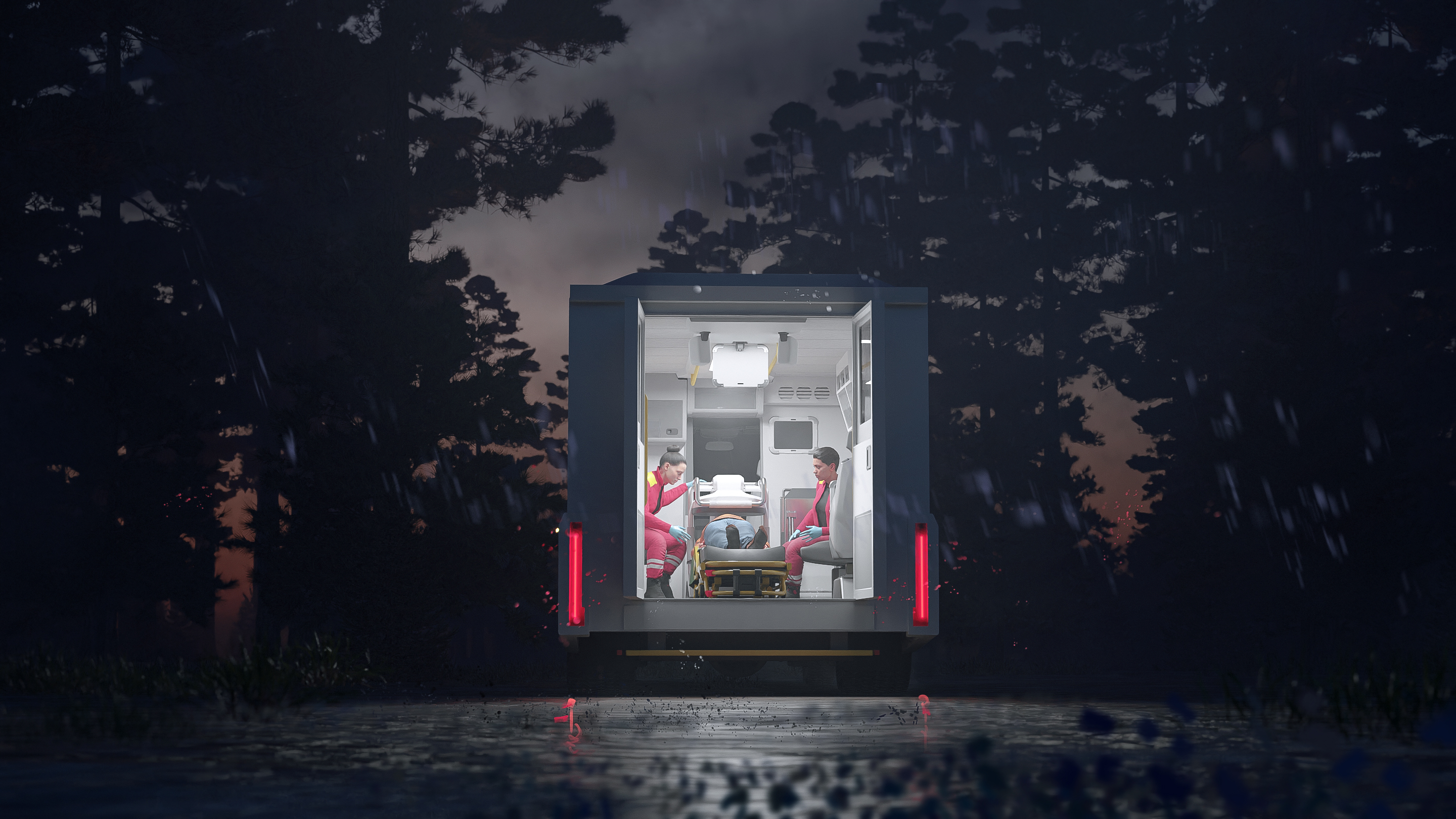 Paramedics treat a patient in an AMRI based Mobile Stroke Unit in a remote area at night