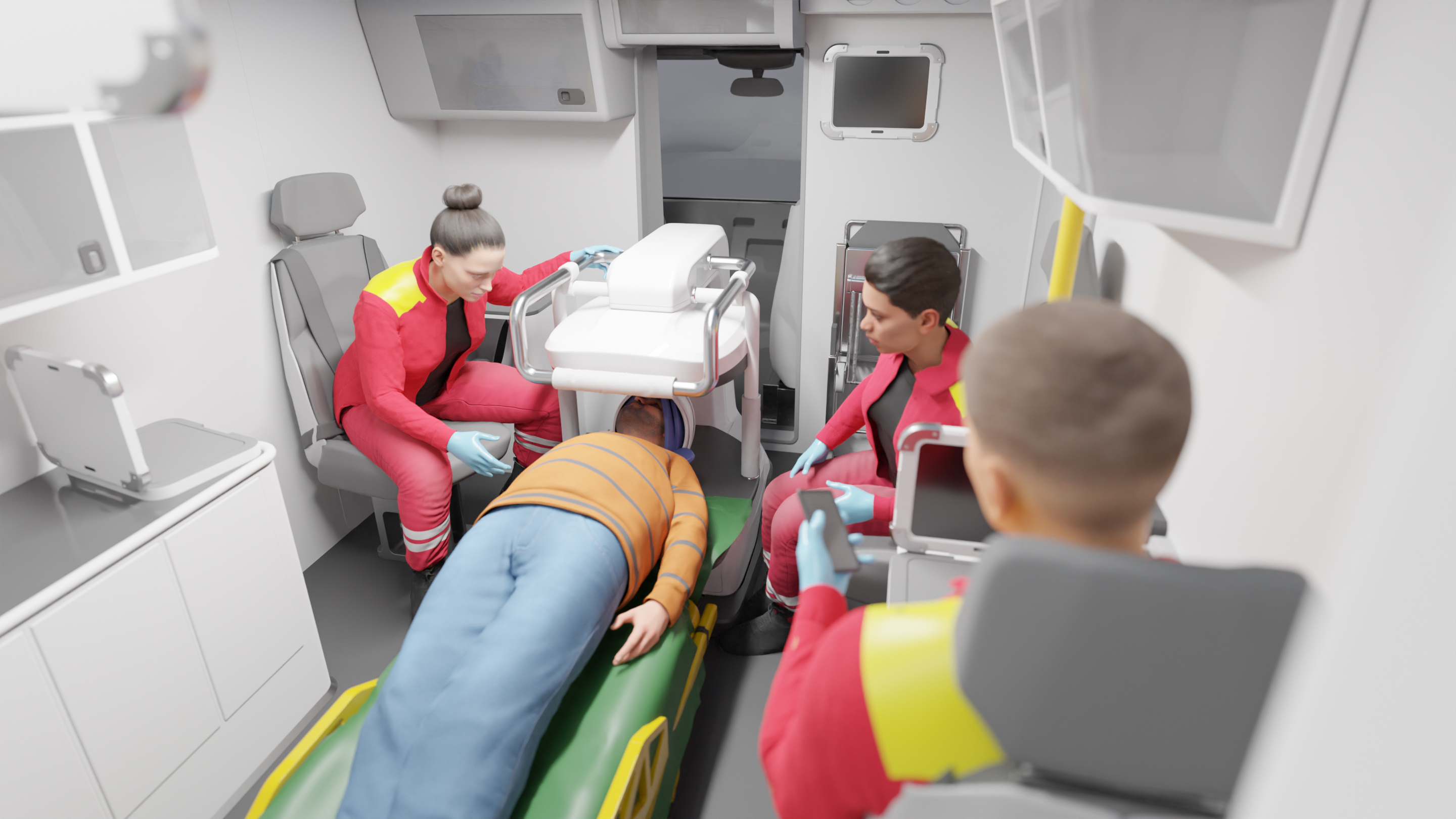 patient being treated by paramedic in AMRI mobile stroke unit