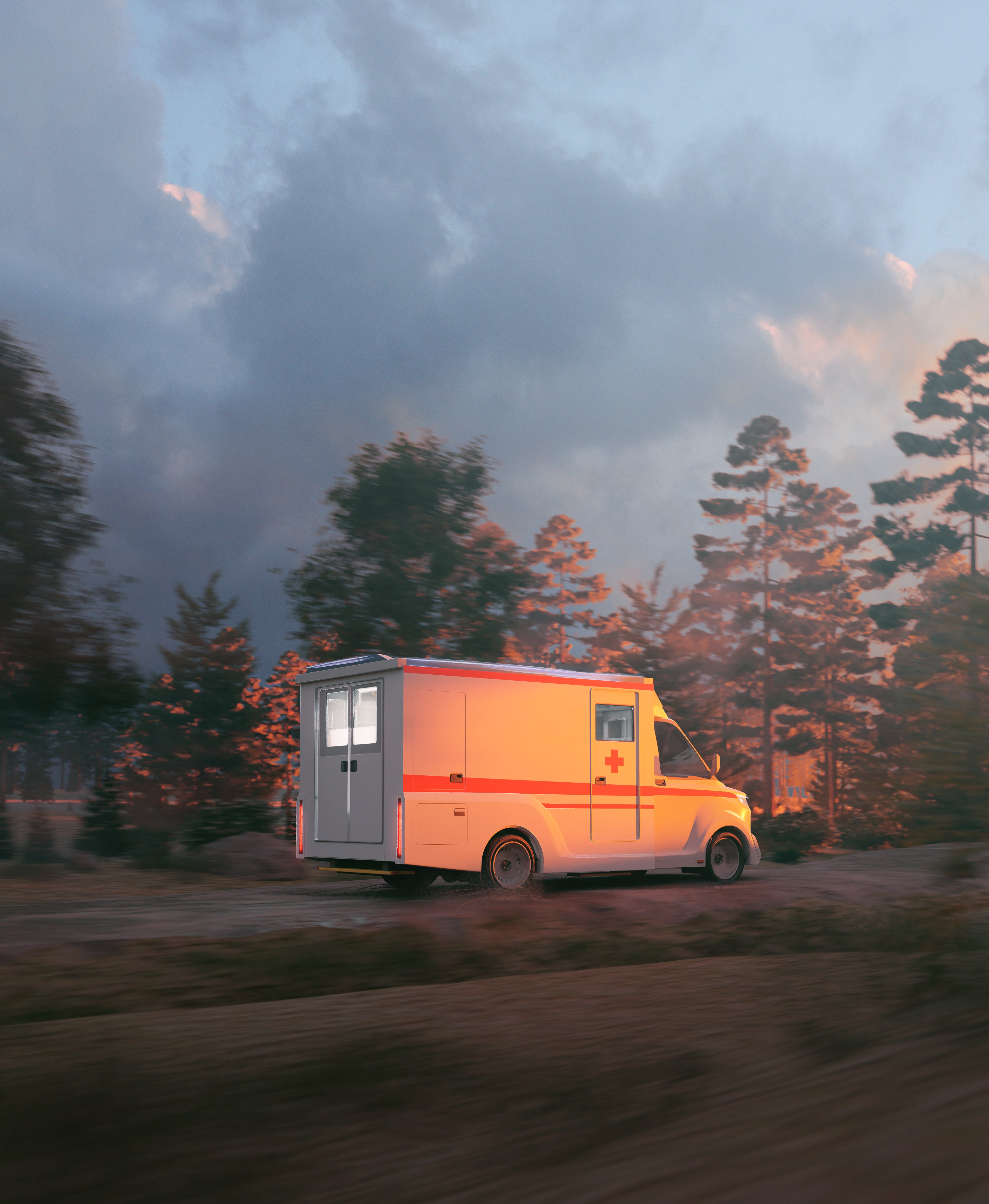 render of AMRI Mobile Stroke Unit on the road