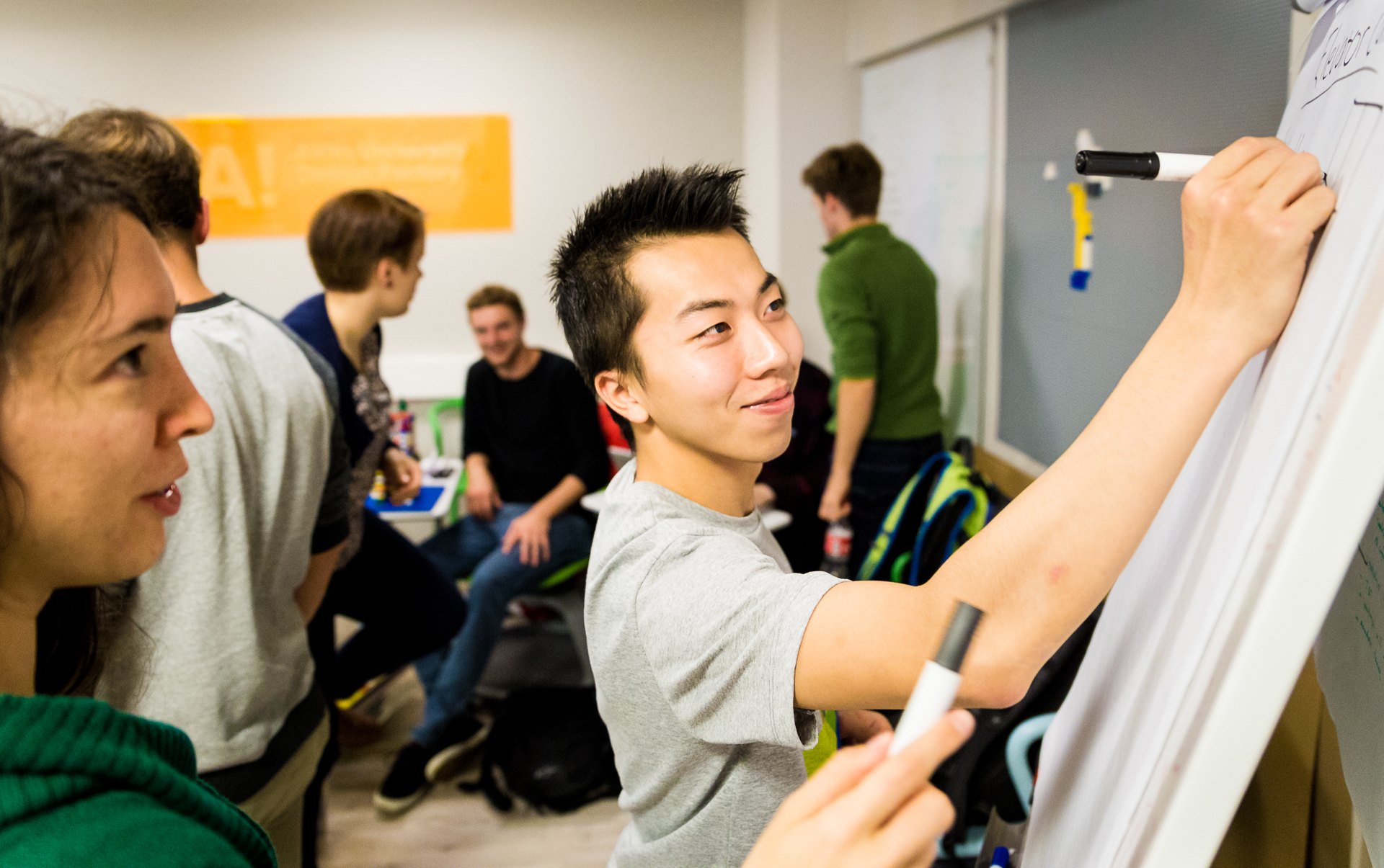 Students brainstorming at the Design Factory