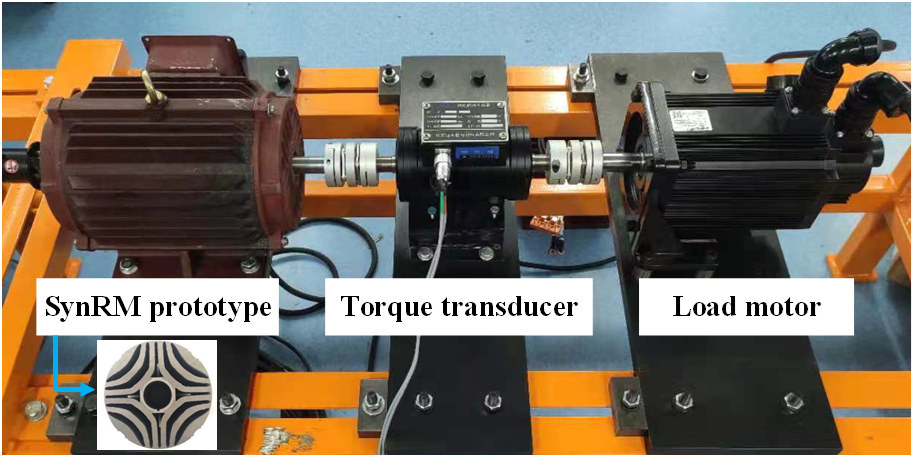 SynRM prototype, torque transducer, load motor