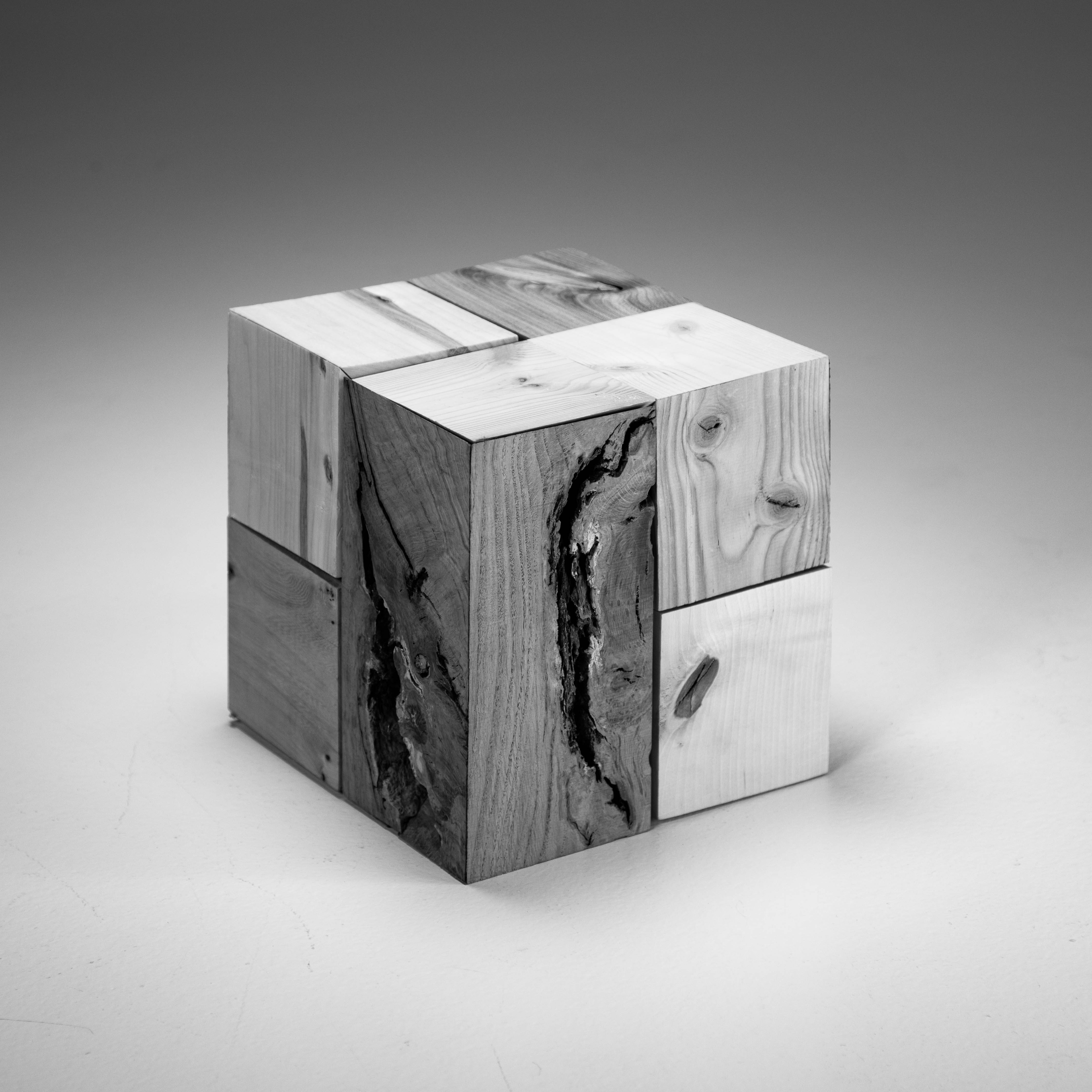 cube made of different species interlocking wooden pieces