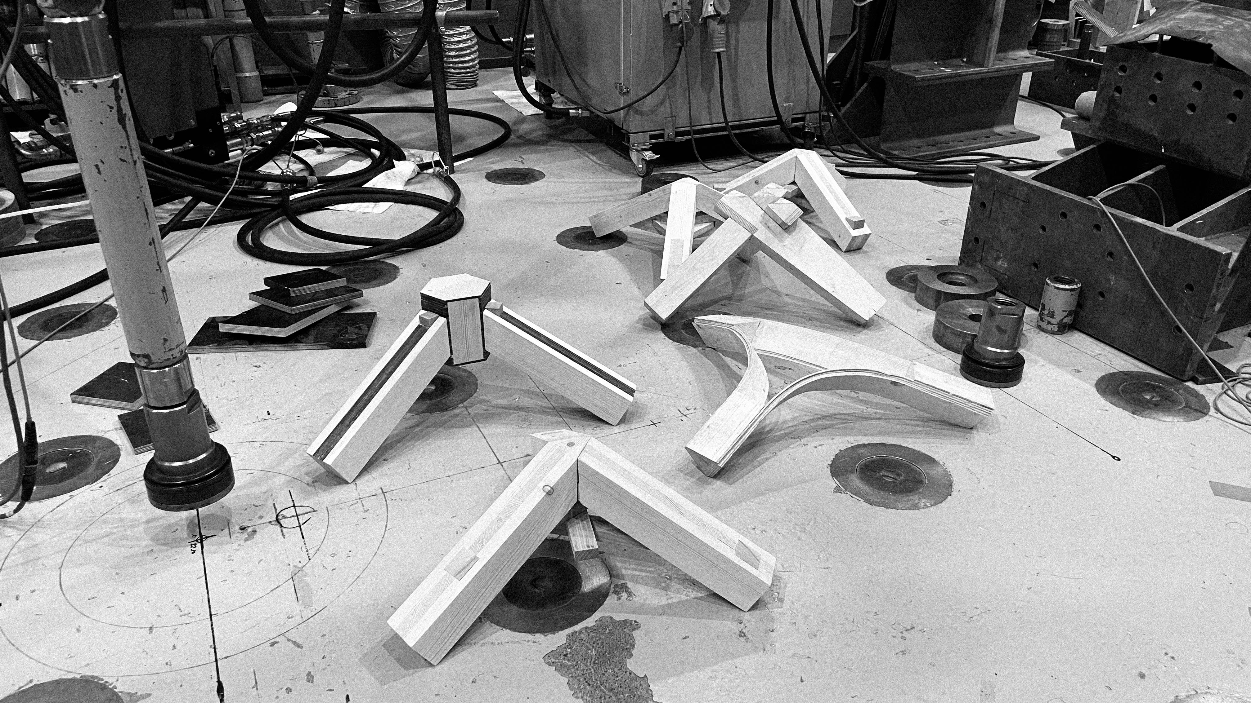 Wooden joints on the floor of the testing lab