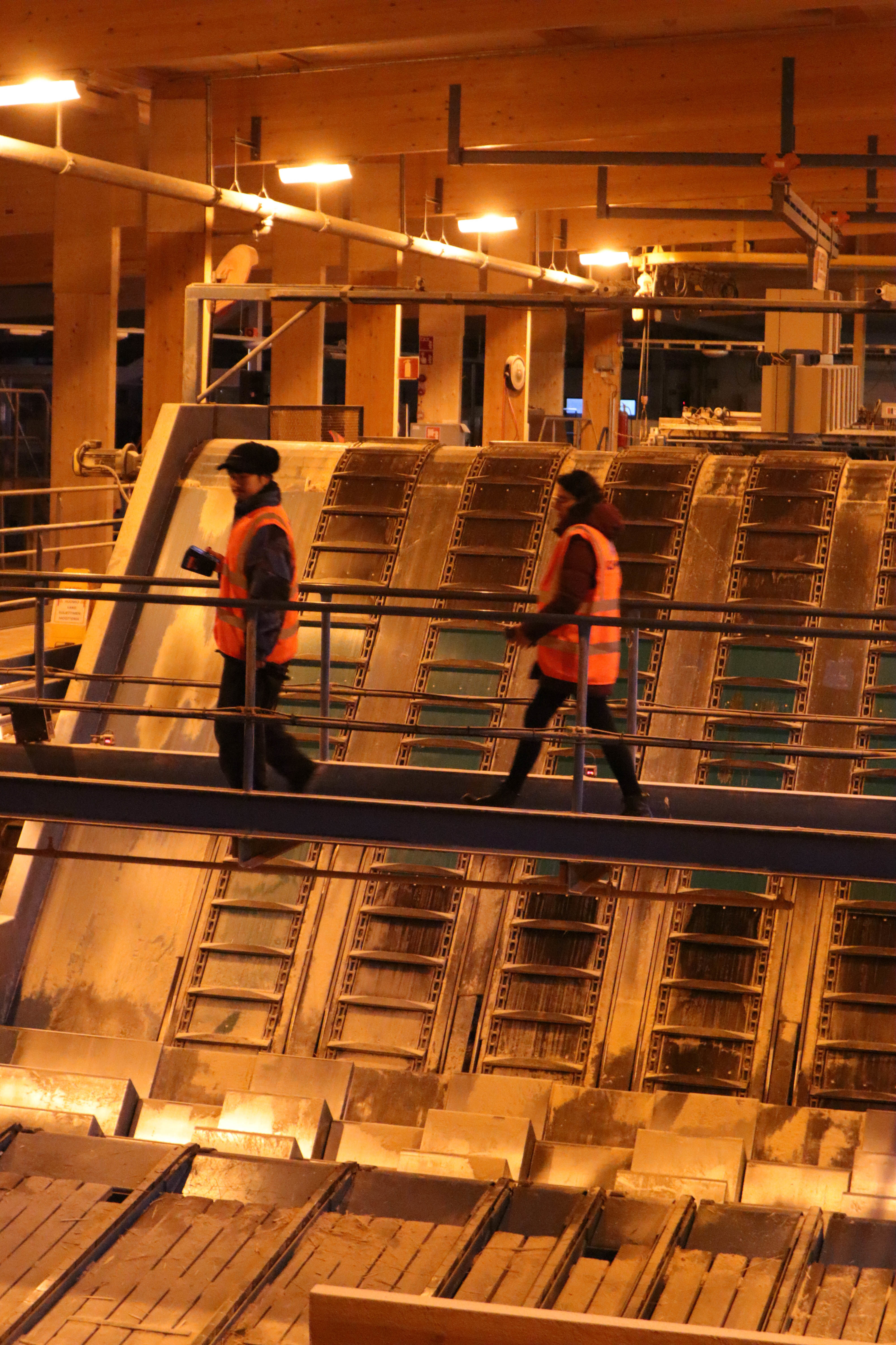 Students walking across a metal bridge over sawmill equipment