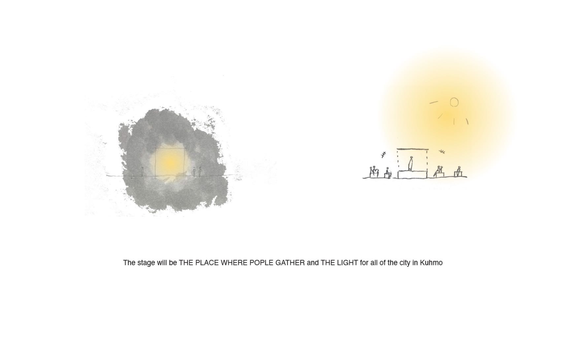Sketch drawing showing the stage as a place where people gather, as well as a lantern in the dark