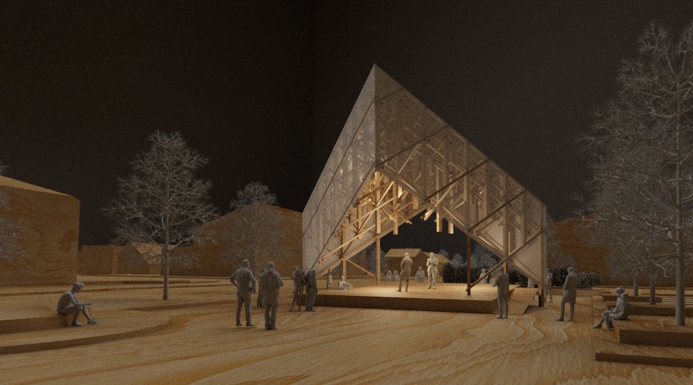 Rendered image of Kide, showing the pointed structure on the square at nighttime with people standing around and lighting inside