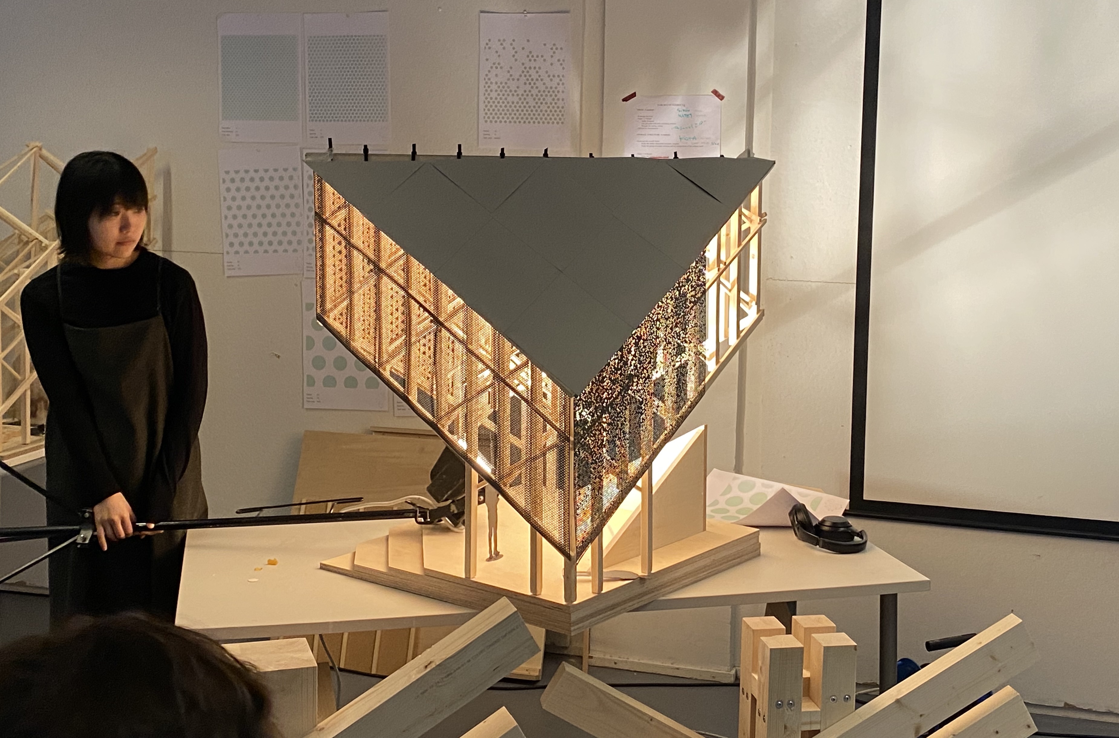 Model of structure with lights inside for testing facade transparency