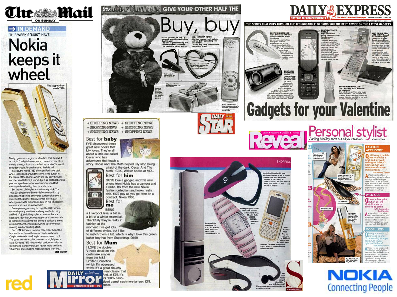 A collage of newspaper clippings featuring various gadgets, phones, and accessories, including Nokia products.