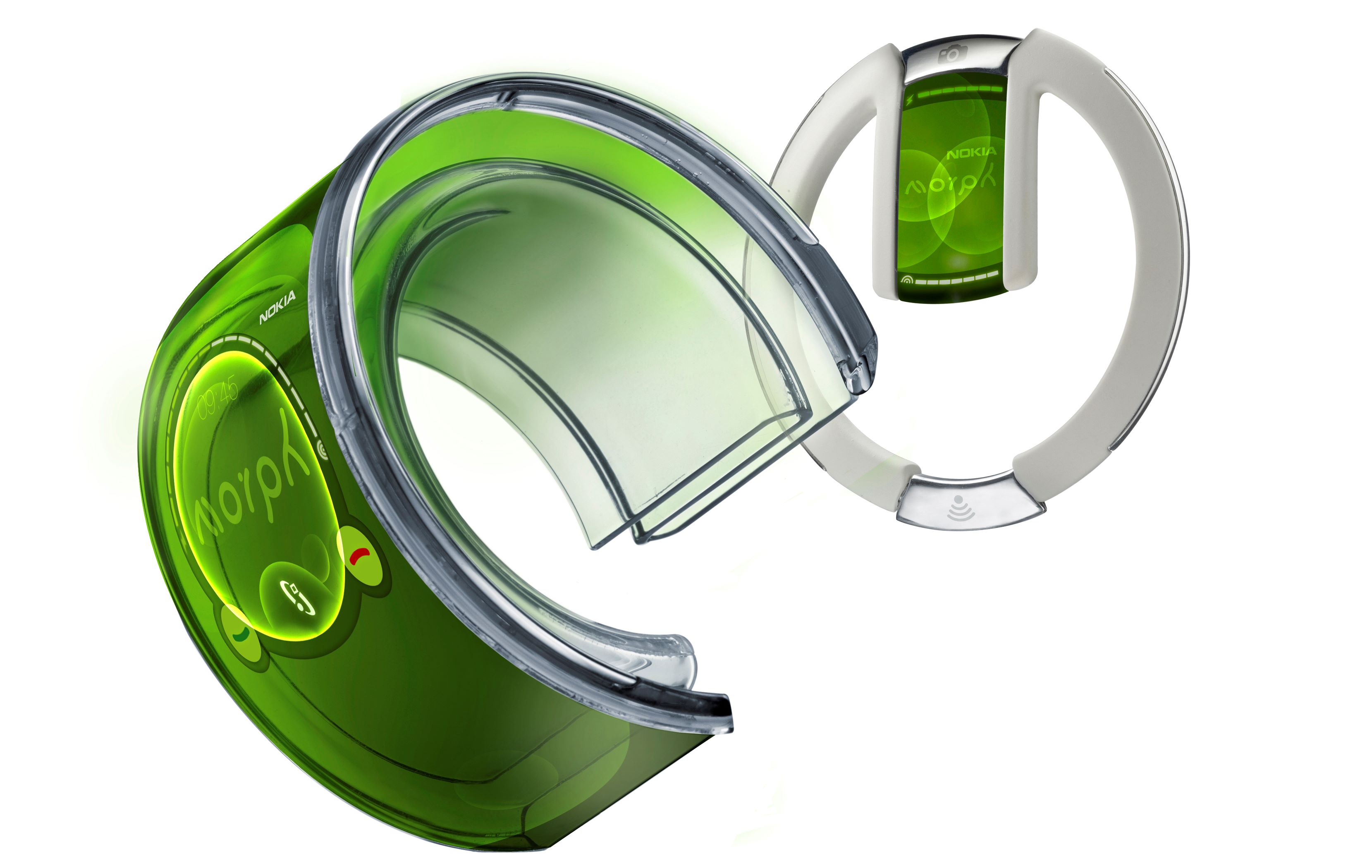 A green, flexible electronic device with a semi-circular shape and a white circular holder.