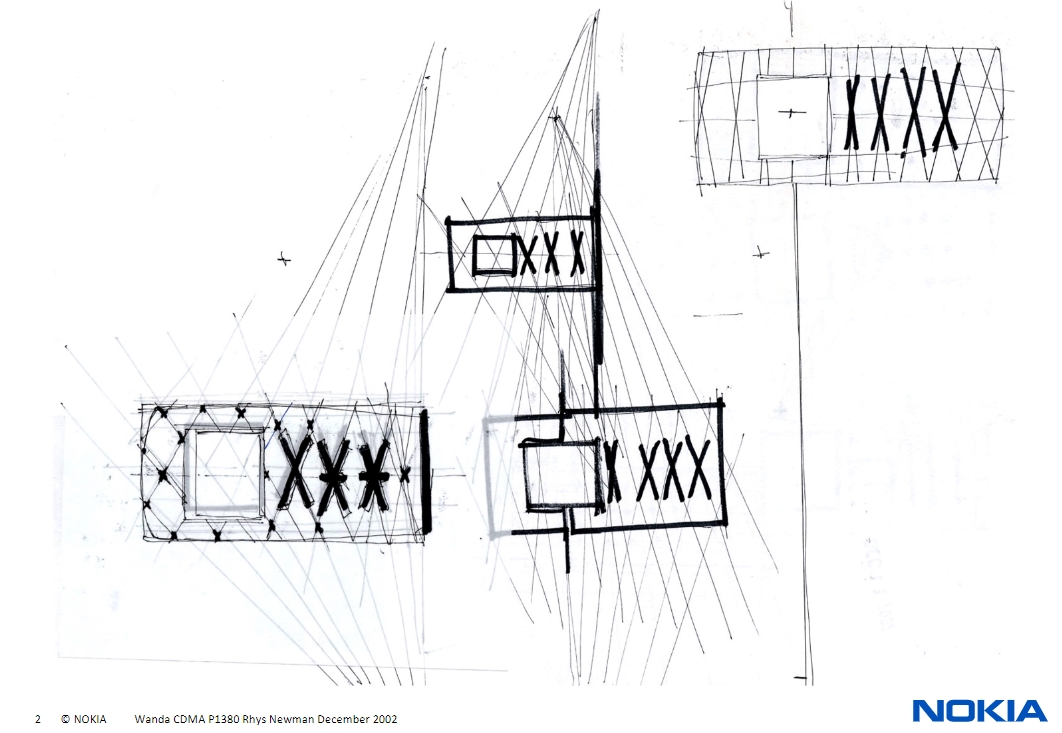A hand-drawn Nokia design sketch showing rectangles and X-shapes with interior line structures and perspectives.