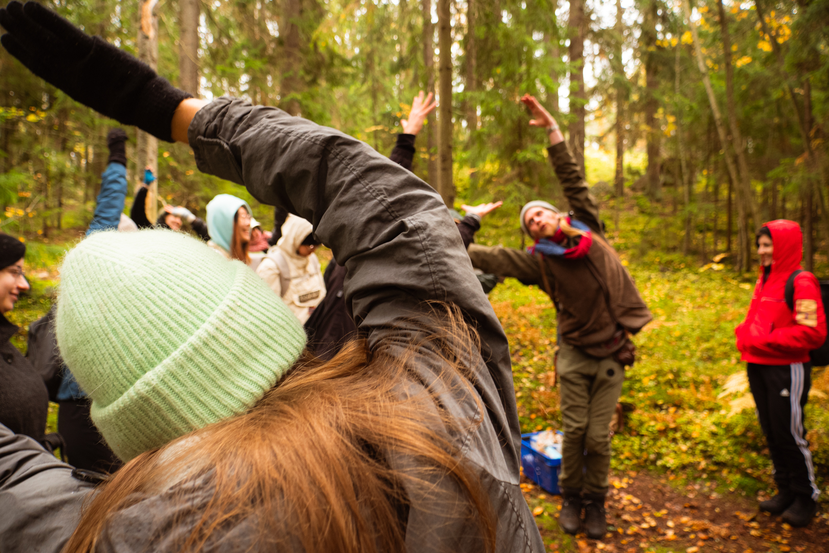 A group of people in a forest doing stretching exercises. 
