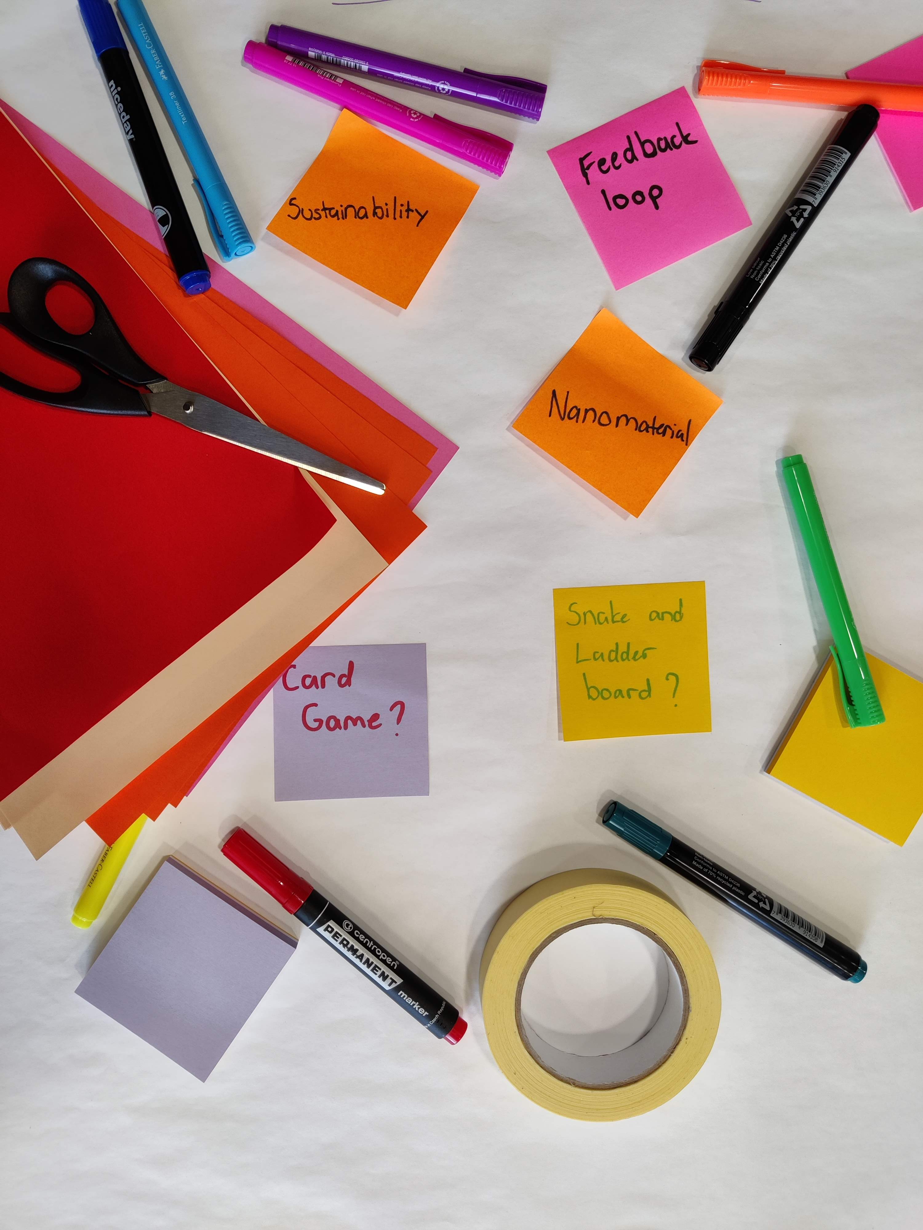 A table with red paper, sticky notes, markers, scissors and tape, featuring words like 'Sustainability' and 'Nanomaterial'.