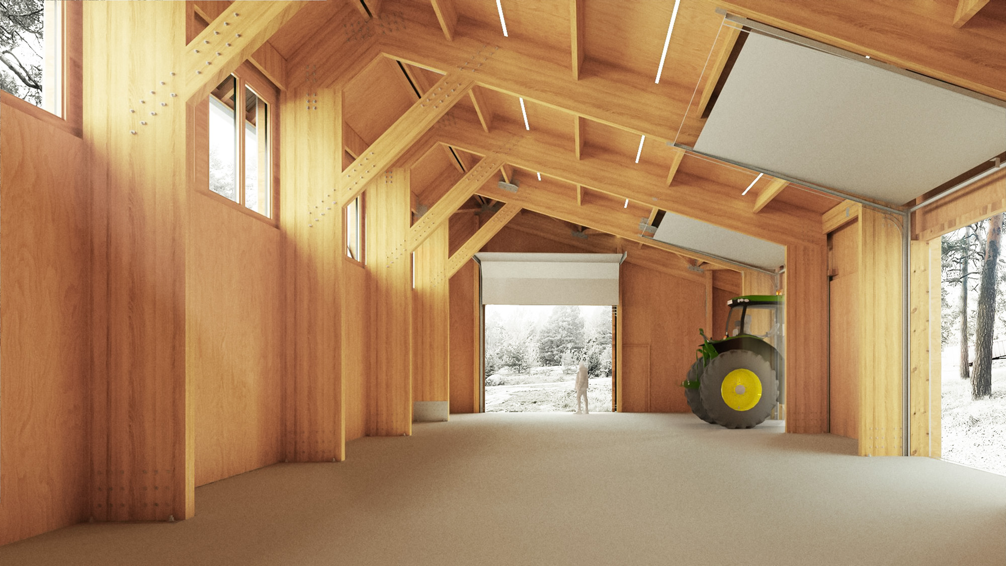 Interior of a wooden barn with open doors, showing a green tractor parked inside, and a snowy landscape outside.