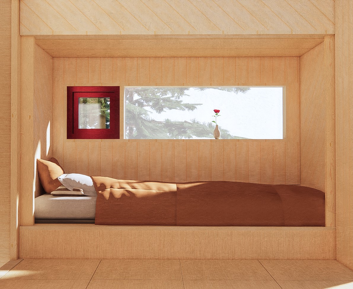 Minimalist wooden room with a single bed, window with a red frame, and a vase holding a single red rose.