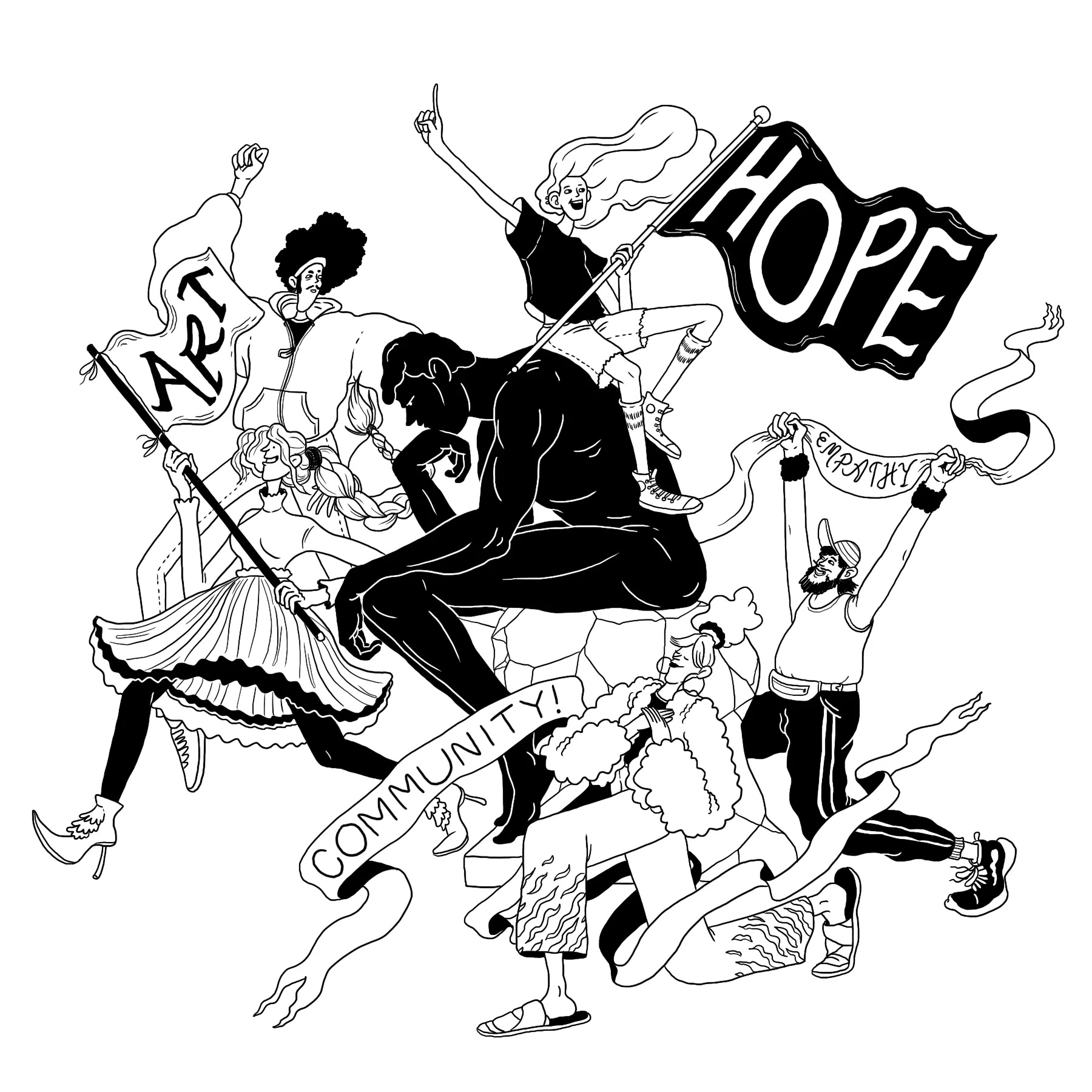 Illustration of diverse people holding banners that say 'ART', 'HOPE', 'COMMUNITY!', and 'EMPATHY'