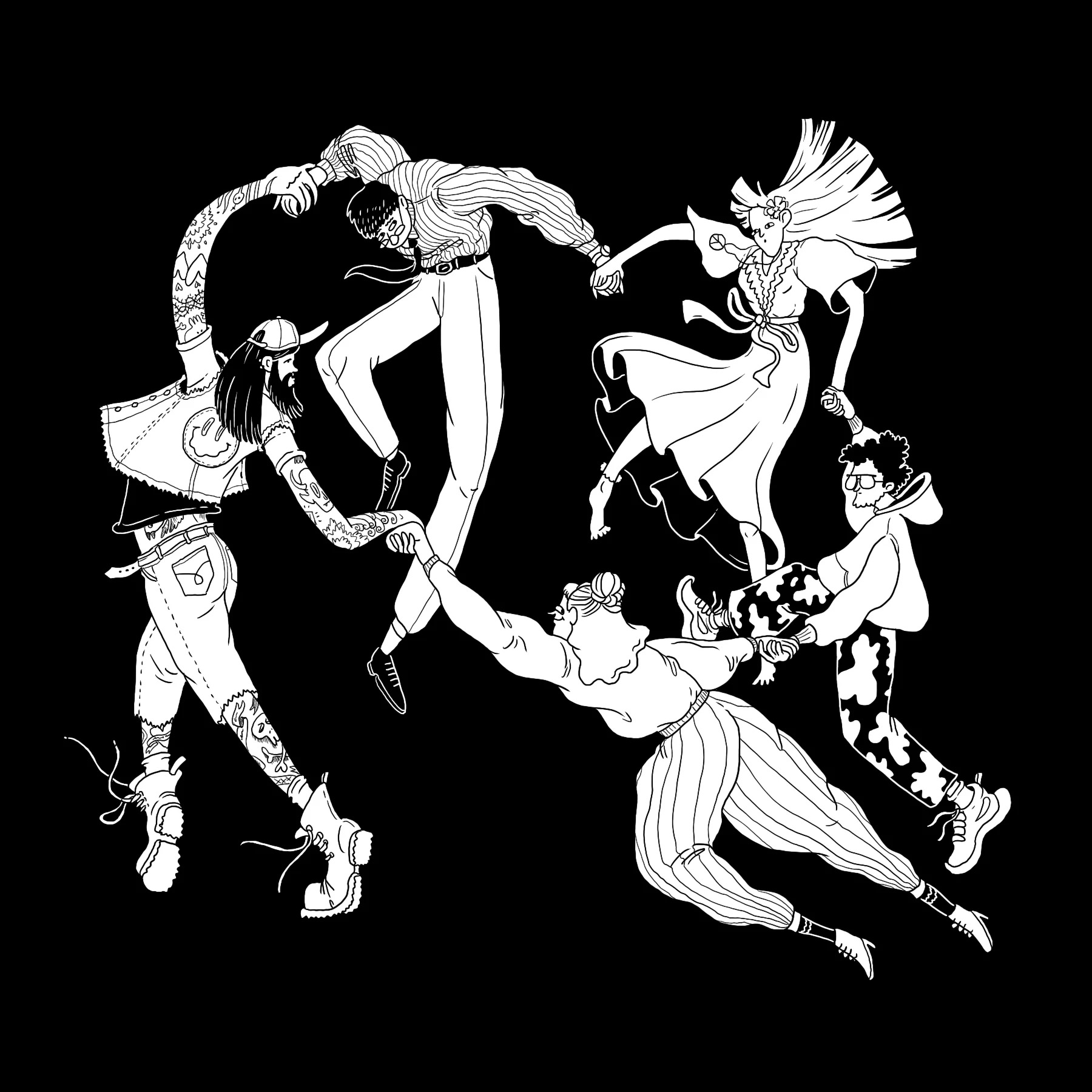 Illustration of five unique individuals dancing in a circle, holding hands against a black background.