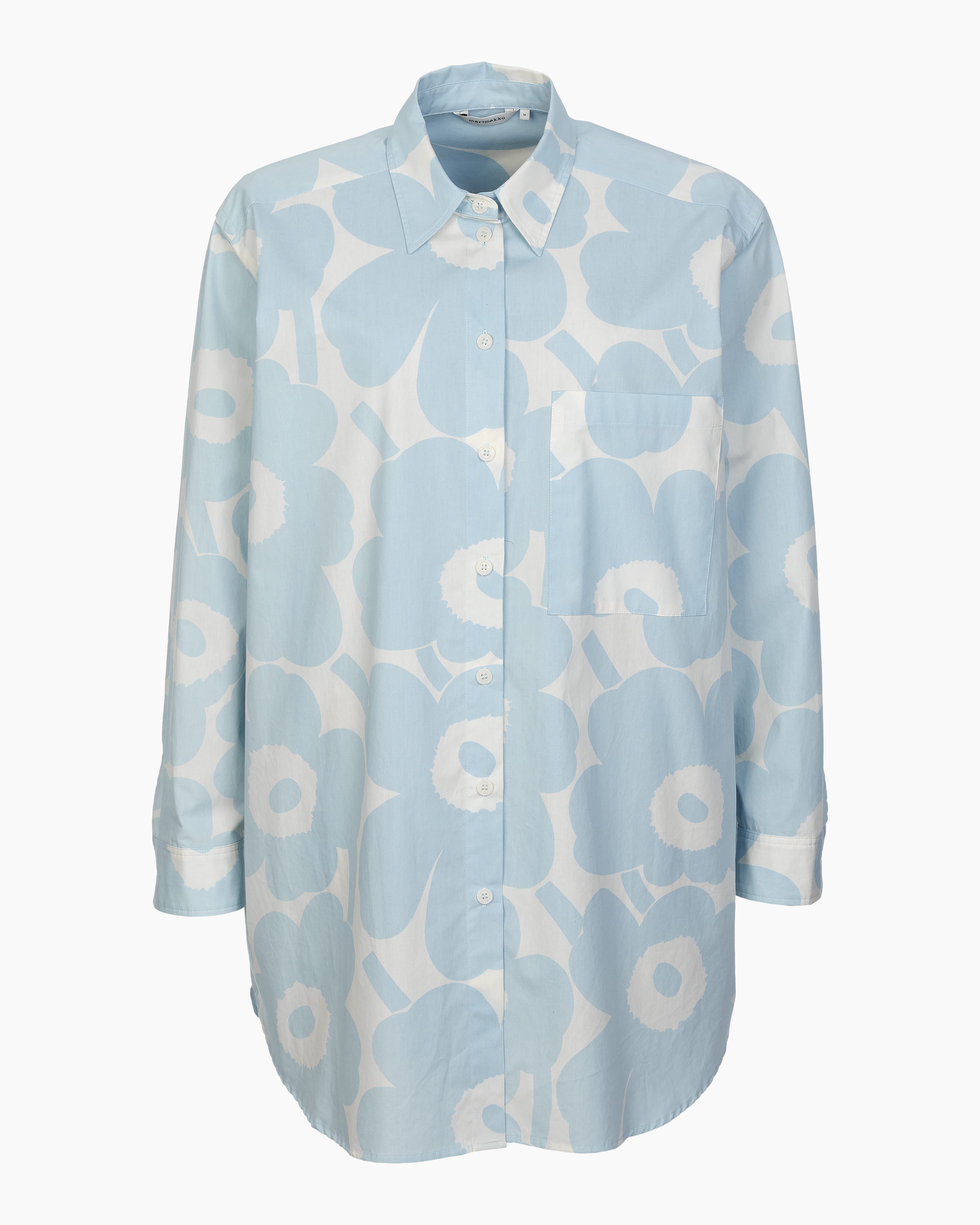 Light blue long-sleeve shirt with large white floral pattern and a chest pocket.